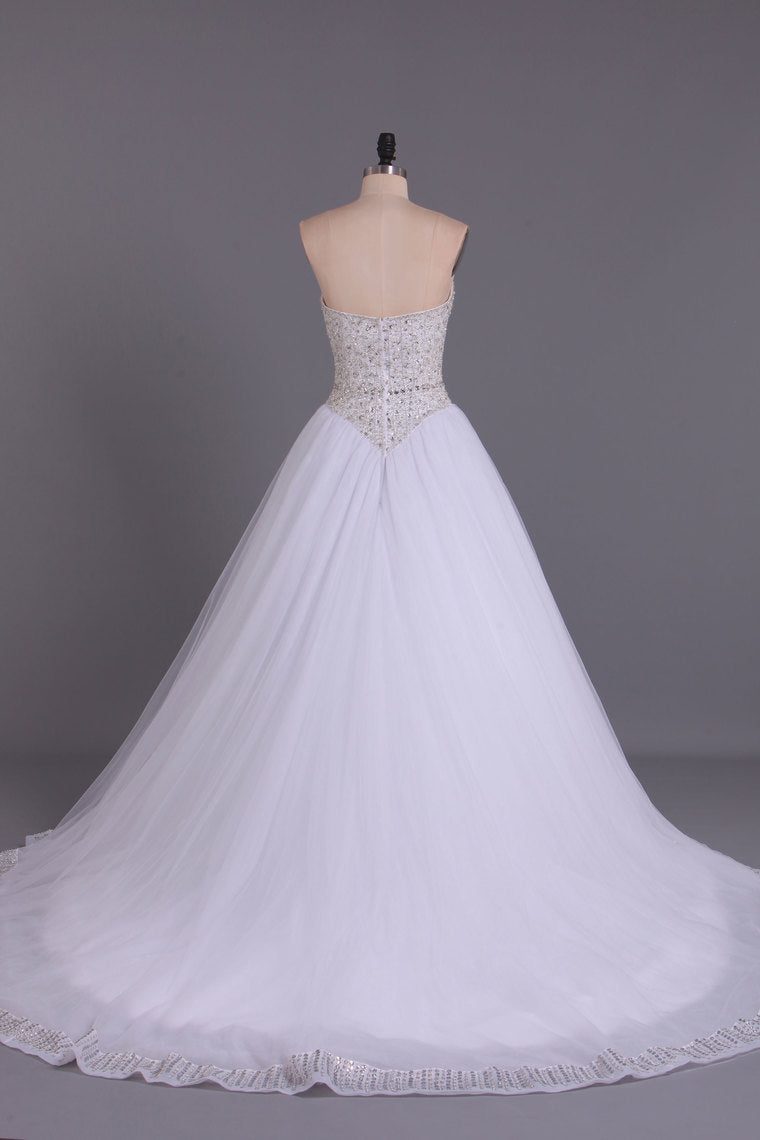 2024 Sweetheart Bridal Dresses A-Line Tulle White Zipper Back Court Train