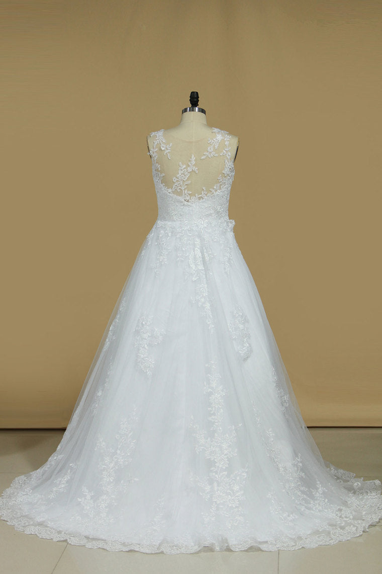 2024 Wedding Dresses Scoop Tulle With Applique Court Train A Line