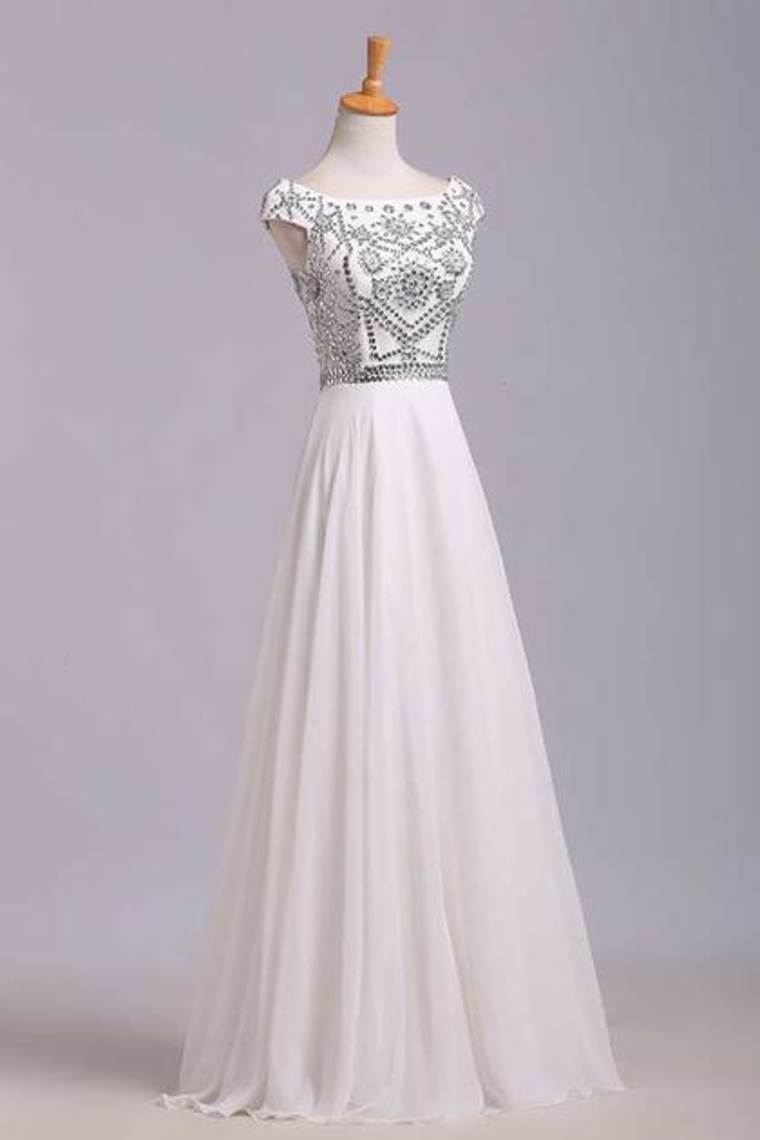 Flamboyant A Line High Scoop Neck Floor Length Ivory Chiffon Beading Dress