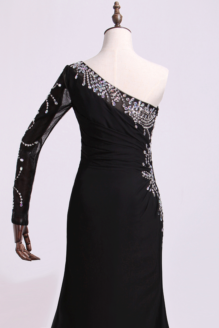 2024 One Sleeve Column/Sheath Prom Dresses Black