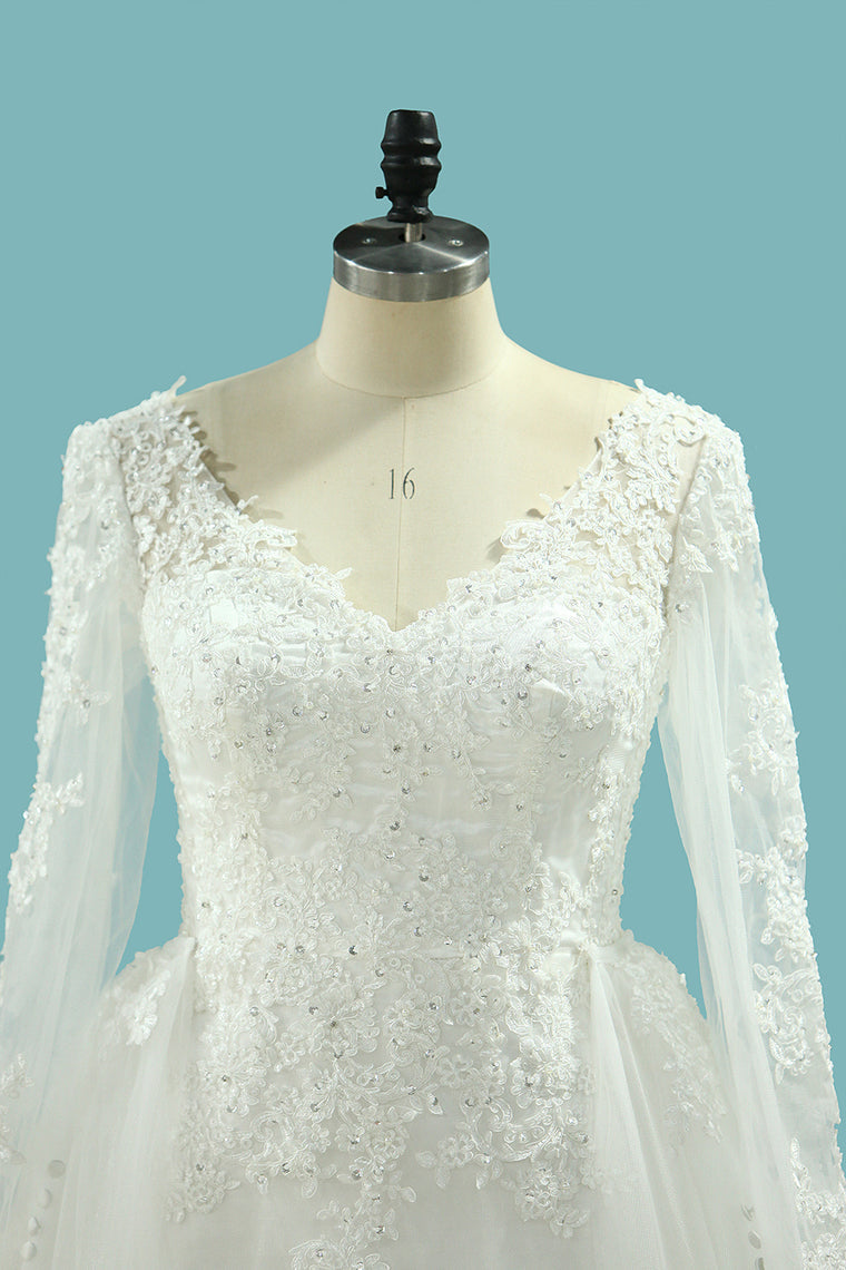 2024 V Neck Sheath Wedding Dresses With Applique Long Sleeves Detachable Train