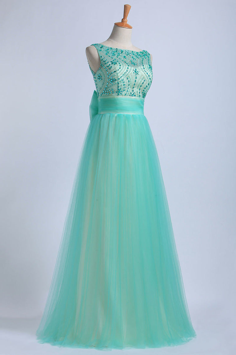 2024 Prom Dresses Scoop Floor Length Tulle With Beadings