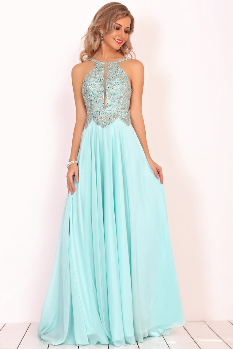 2024 A Line Chiffon Spaghetti Straps Prom Dresses With Beading Floor Length