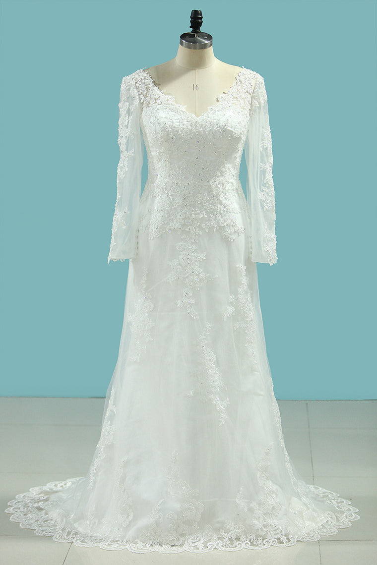 2024 V Neck Sheath Wedding Dresses With Applique Long Sleeves Detachable Train