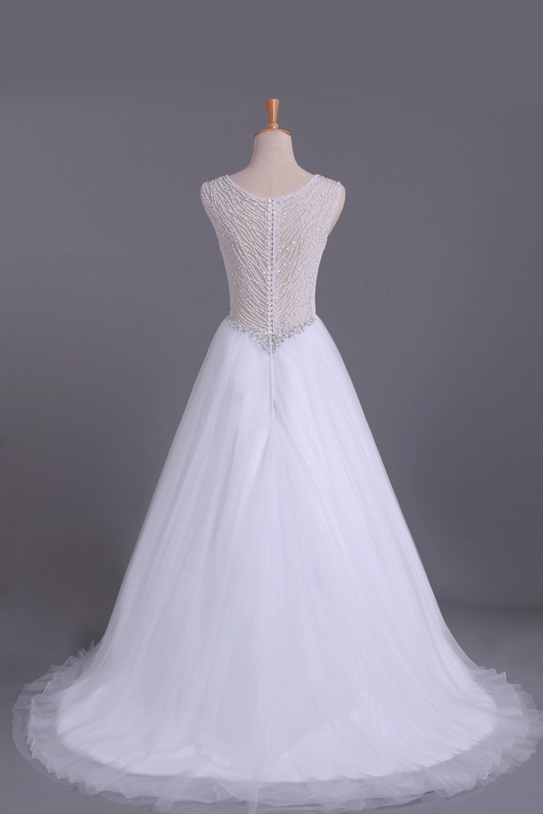 2024 V-Neck A Line Wedding Dresses Tulle Beaded Bodice Court Train