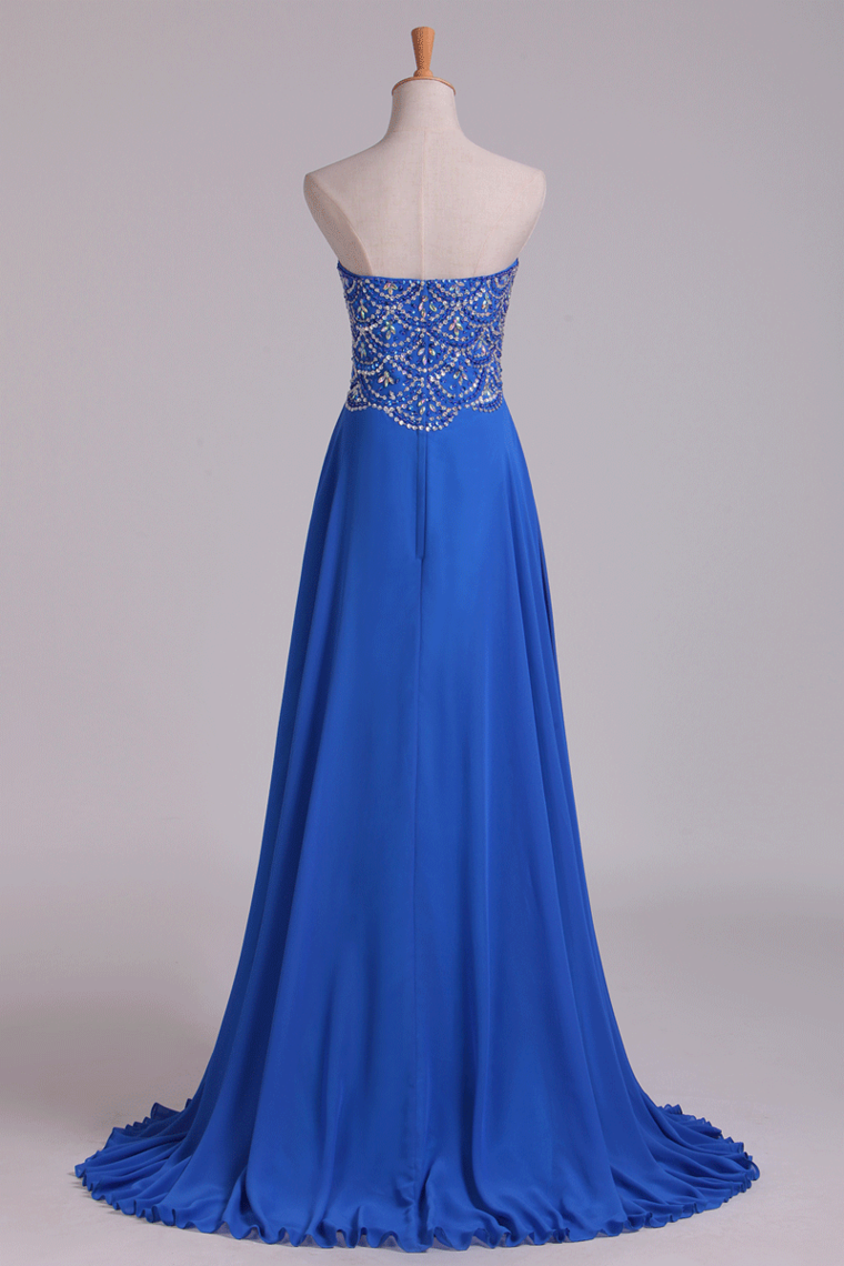 2024 New Arrival Dark Royal Blue Sweetheart Prom Dresses A Line With Beaded Bodice Chiffon