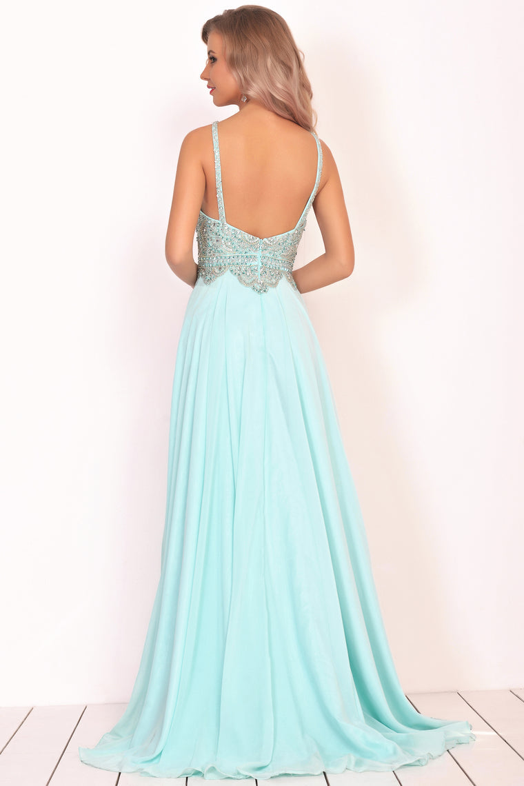 2024 A Line Chiffon Spaghetti Straps Prom Dresses With Beading Floor Length