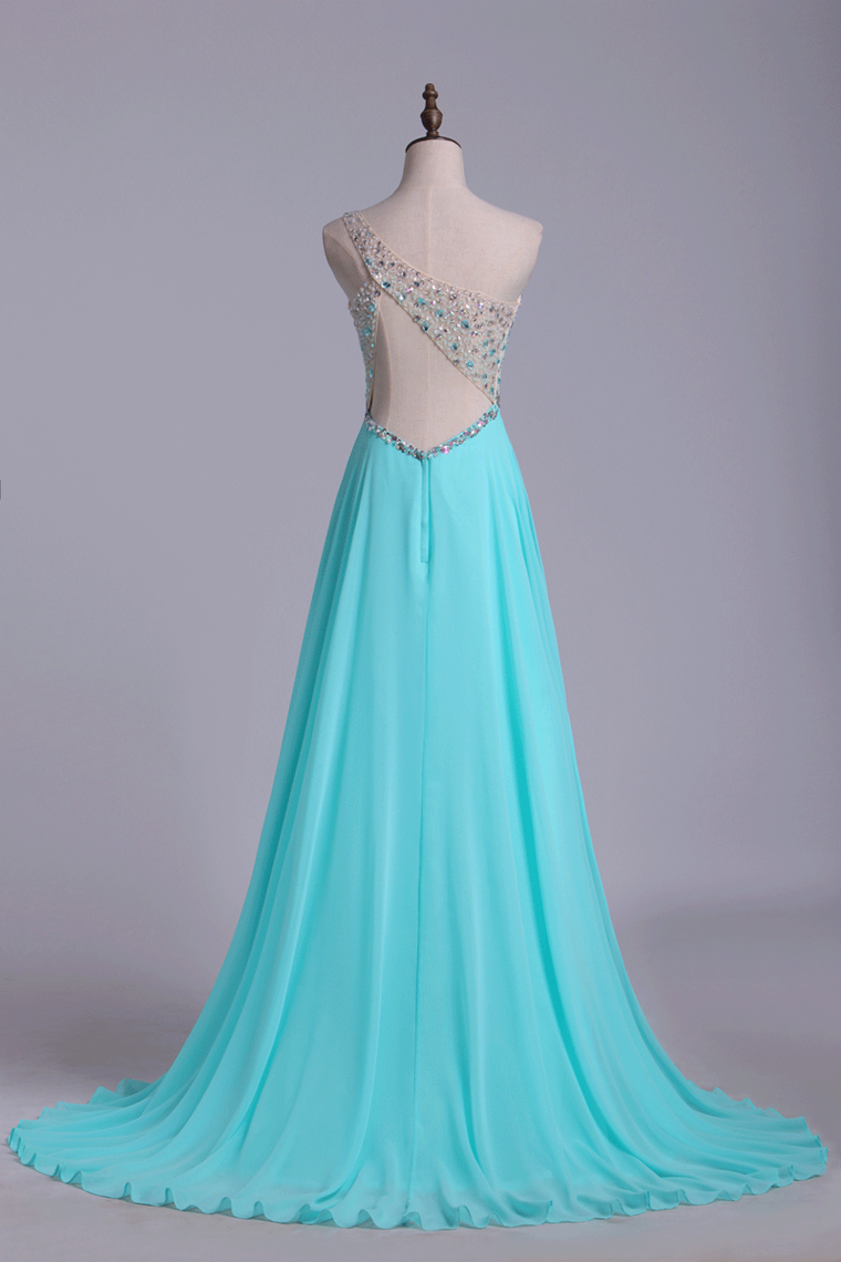 2024 Prom Dresses A Line One Shoulder Tulle & Chiffon Sweep Train With Beading