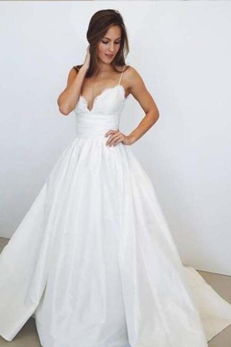 2024 Wedding Dresses A-Line Spaghetti Straps With Lace And Pleated Bodice Satin