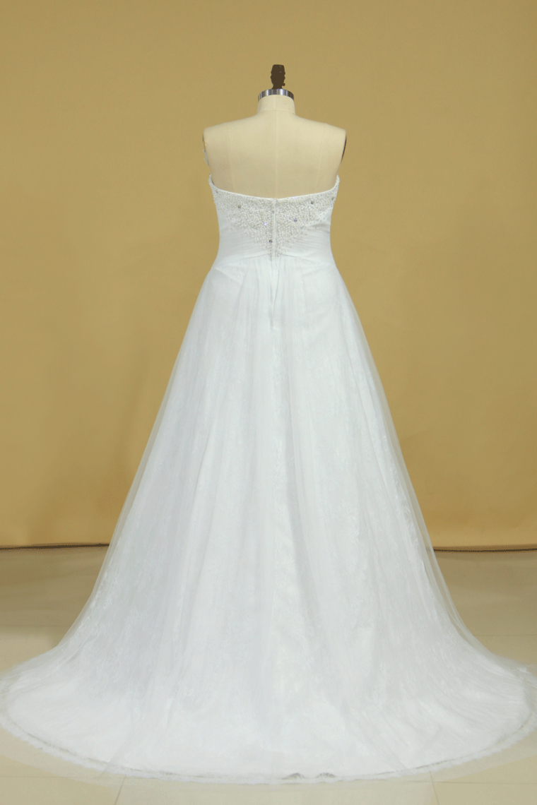 2024 Plus Size Sweetheart Beaded Bust Empire Waist A Line Wedding Dress Chapel Train Tulle With Lace