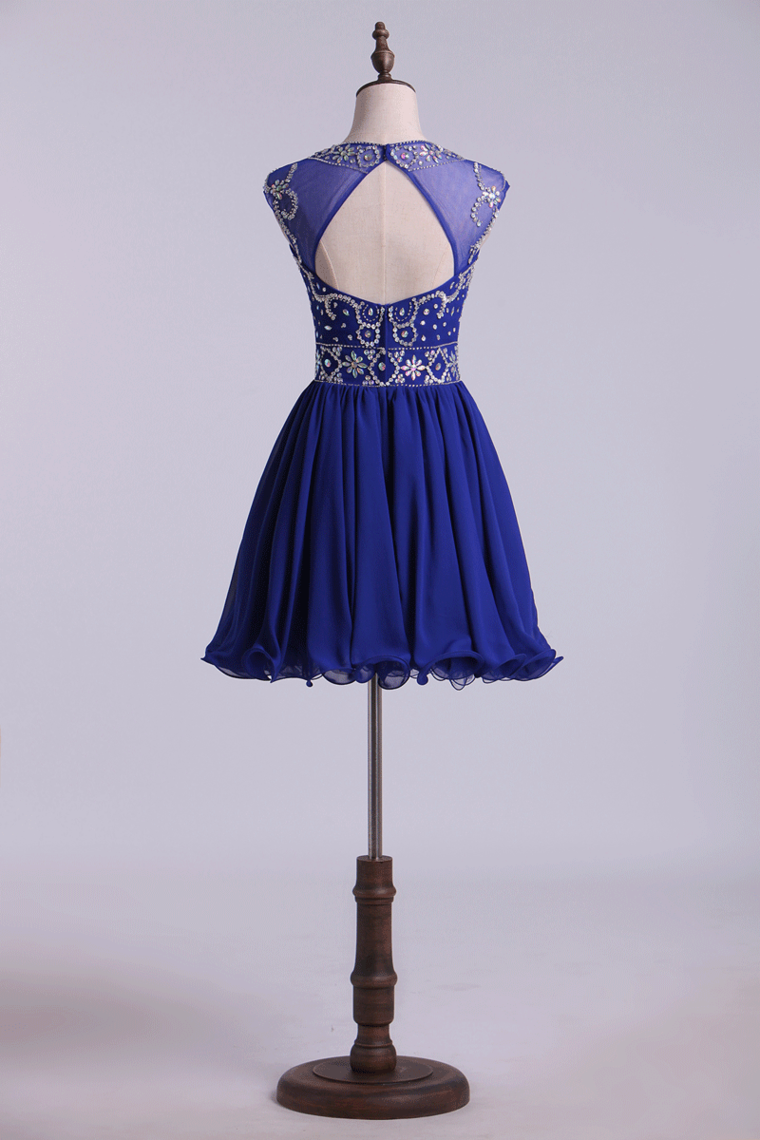 2024 Scoop A Line Dark Royal Blue Homecoming Dresses  Beaded Bodice Tulle&Chiffon Short