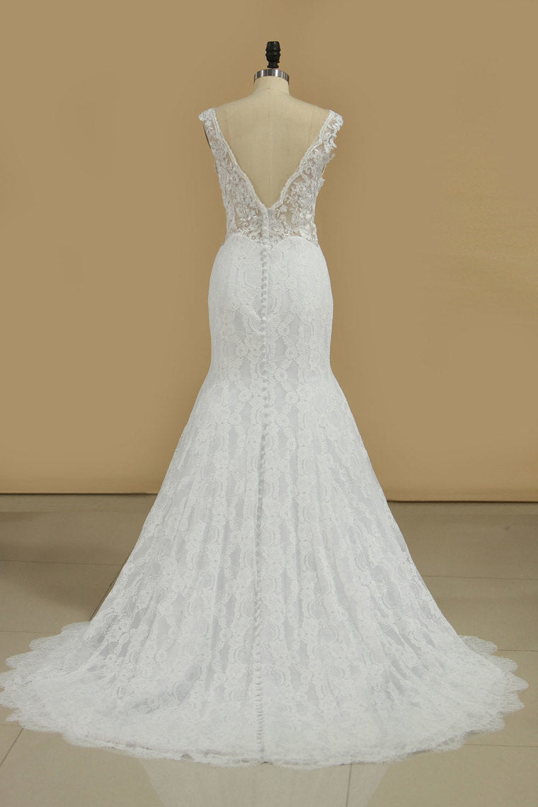 2024 Wedding Dresses Mermaid Straps Lace With Applique Sweep Train