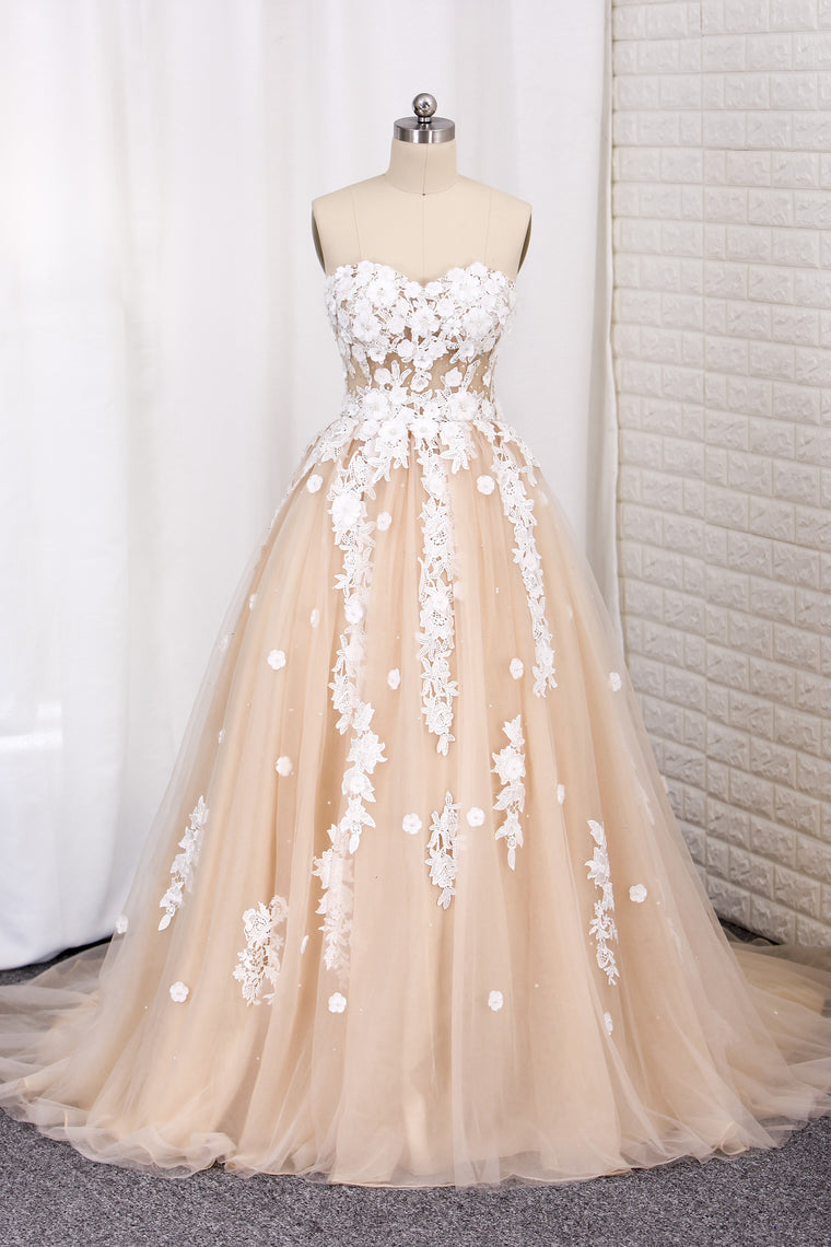 2024 Wedding Dresses A Line Tulle Sweetheart With Applique Court Train