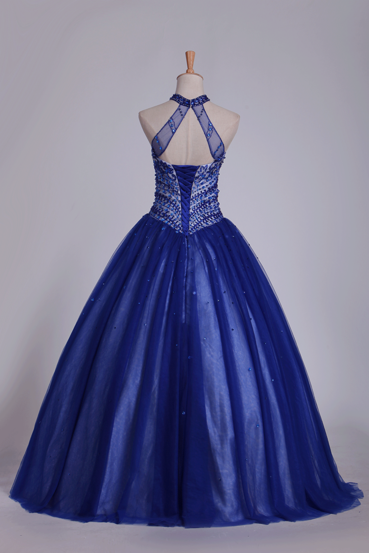 2024 Dark Royal Blue Halter Quinceanera Dresses Ball Gown Tulle With Beads & Rhinestones