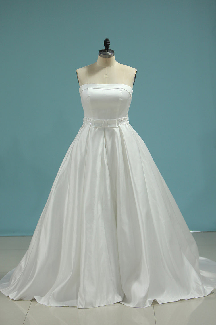 2024 Satin Strapless Beaded Waistline Wedding Dresses A Line Covered Button